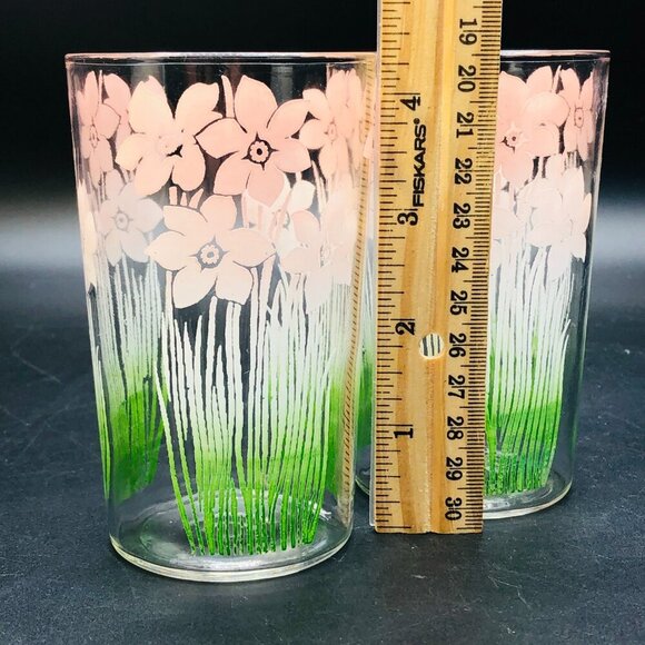 Mid Century Pastel Pink to Green Ombre Daffodils SET of 6 Water Juice Glass - Picture 9 of 9